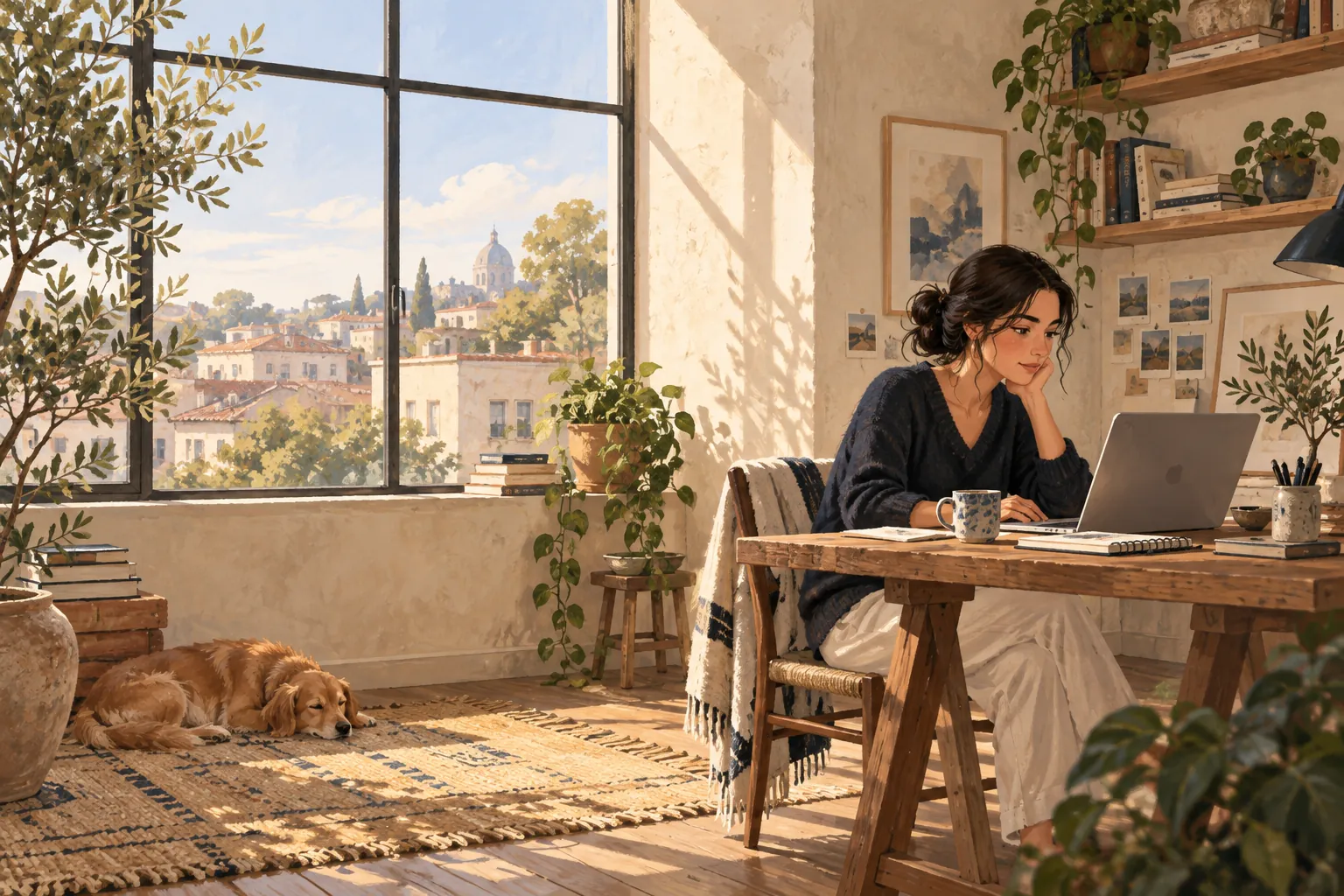 A founder working at a sunlit desk in a personal home studio.